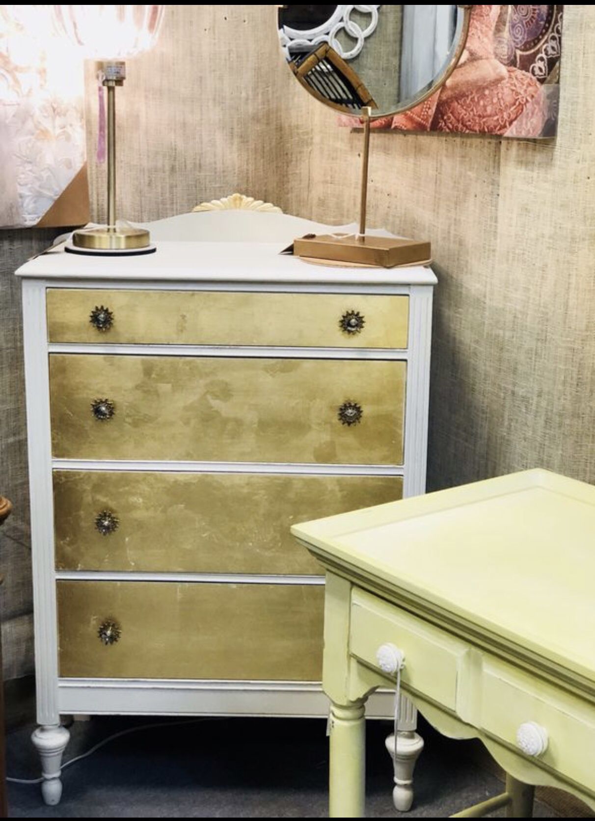 Antique dresser painted with gold leaf drawers sunburst knobs