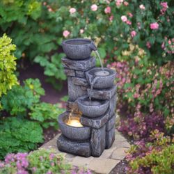 Tiered Stone-Look Outdoor Water Fountain with LED Lights for Garden, Patio, Yard, and Landspace, 21.5 Inches Tall Waterfall Feature