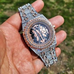 Men's Luxury Moissanite Watch Full Iced Simulated Diamond Skelecton Dial Rose Gold / Silver