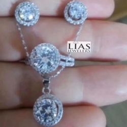 New 18k White Gold Filled Necklace Earrings And Ring Set 