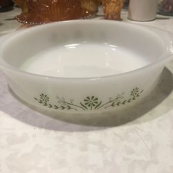Vintage Glass Bake Milk glass Green Flowers Round Baking Casserole Dish 