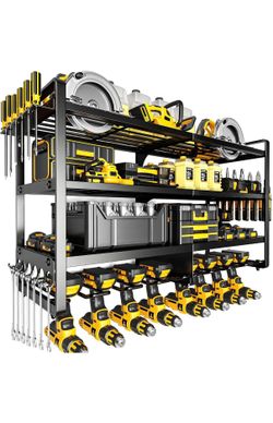 Large Power Tool Organizer Wall Mount,4 Layers Heavy Duty Metal Loads 400lbs,Power Tool Shelf Battery Storage with 8 Cordless Drill Holder,Utility Rac