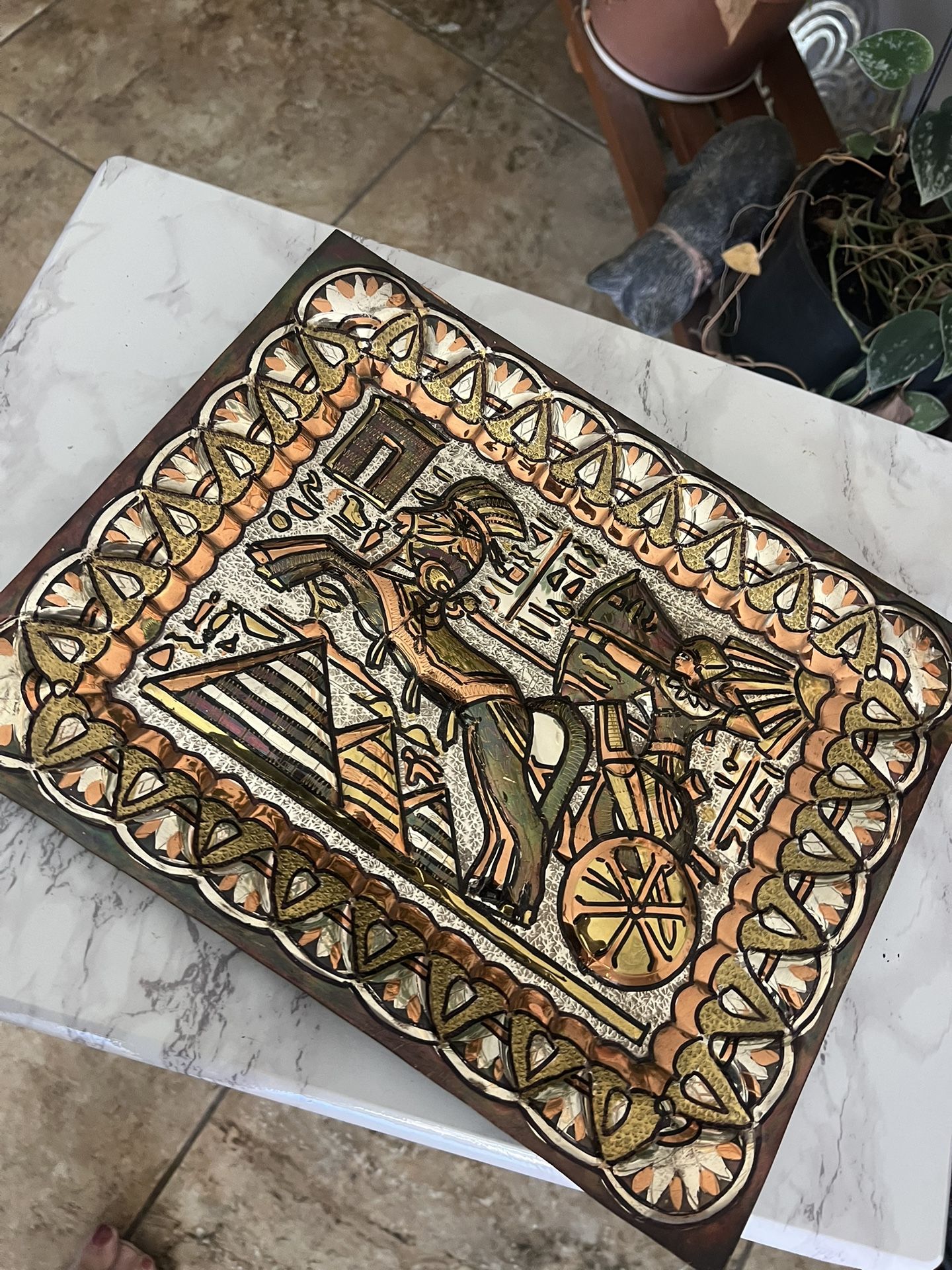 Vintage Metal Etched Gold Brass Copper Metal Egyptian Horse Chariot Art  11x13