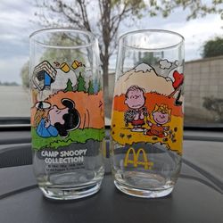 Vintage 1970's McDonald's Peanuts Collectable Drinking Glass Camping Snoopy Charlie Brown Glasses.  Set Of Two (x2)...asking $20.00 