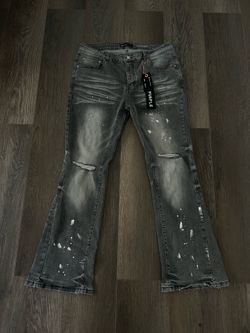 Purple jeans grey flared paint splatter design