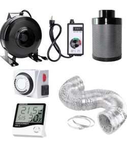 4'' Inline Fan Carbon Filter Ducting Combo + Variable Fan Speed Controller + Hygrometer Thermometer + 24 Hour Timer Outlet for Hydroponic Grow Tent Ve