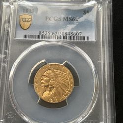 1913 $5 Gold Indian Half Eagle PCGS MS62 Key Date ! 
