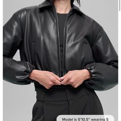 Alo Faux Leather Cropped Premier Bomber Black 