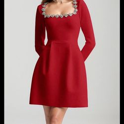 Velvet Rhinestone Trim Long Sleeve Square Neck  Dress