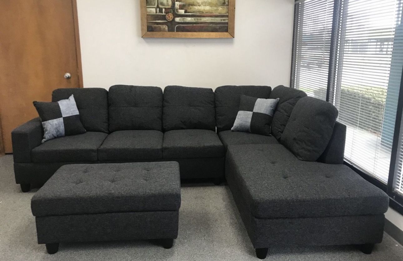 Charcoal Linen Sectional Couch and Ottoman