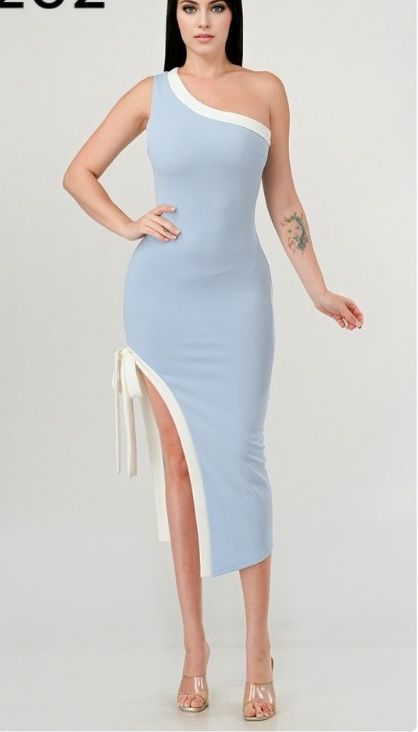 Skyline Chic: One Shoulder Midi Dress with Contrast
