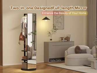 360° Rotating 69x16 Multifunctional Full Length Mirror with Hook Storage Rack Coat Rack with Mirror Solid Wood Floor Mirror Bedroom Living Room Cloakr