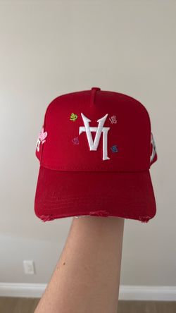 Red Embroidered Distressed Baseball Cap