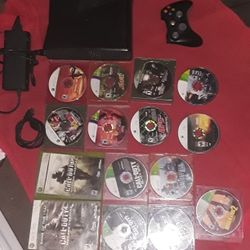 xbox 360 slim/15 games/controller/cords