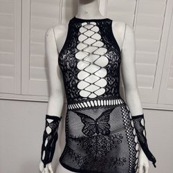 New Black One Size Fishnet Butterfly Mini Dress Festival Rave 
