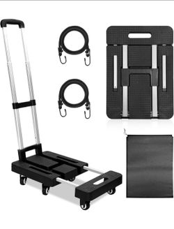 6-Wheel Heavy Duty Foldable Dolly Luggage Cart & Hand Truck, Portable Lightweight Trolley with 2 Elastic Ropes, Car Seat Dolly for Airport Travel