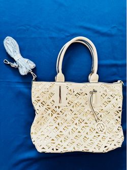 Anne Klein Womens Beige Cutout Geometric Satchel Zip Gold Hardware Detachable