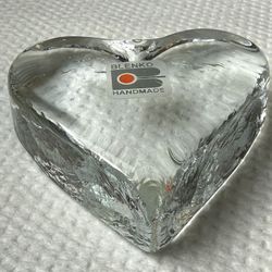 Vintage Blenko Glass Love Heart Paperweight Original Sticker Intact  Approx 3.5"W × 1"D × 3.75"H