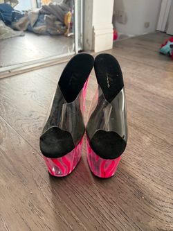 Clear Platform Mule Heels with Pink Flame Detail