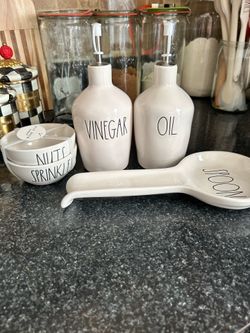 Rae Dunn Vinegar and oil with spoon holder and nuts and sprinkles