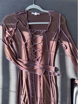 Sheer Mesh Lace-Up Long Sleeve Dress/Top – Mocha/Lilac Contrast Stitch