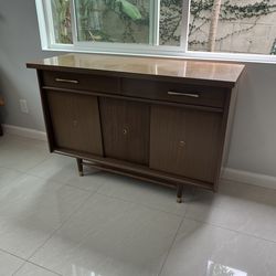 Cute mid-century credenza sideboard console entryway cabinet  42 1/2" x 20". height is 32 3/8"  2 drawers and 3 sliding doors