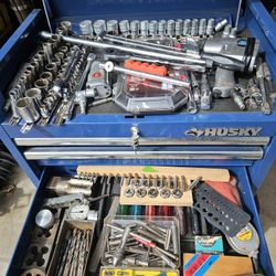 Husky Heavy Duty Rolling Toolbox Full With Mostly USA Tools Including Keys And Shop Drill Press 12 Speed And Shop Vise All You Need For Shop Or Home 