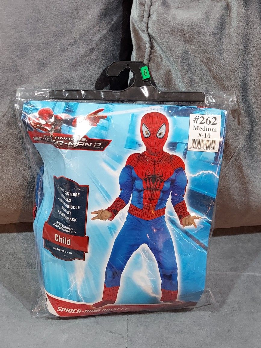 NEW MARVEL THE AMAZING SPIDER-MAN 2, SPIDER-MAN MUSCLE COSTUME QUILTED MUSCLE SUIT WITH HOODED MASK SIZE 8-10 MEDIUM