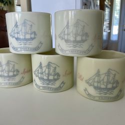 Early American Old Spice "Ship Friendship" milk glass shaving mugs produced by Shulton, Inc. in the late 1940s to early 1950s.