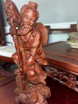 Vintage Hand-Carved Chinese Wood Fisherman Statue with Inset Eyes