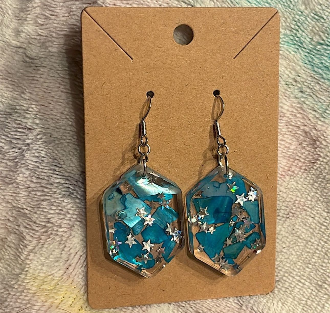 Blue Stones and Silver Stars Dangle Earrings