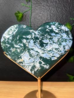 Large Moss Agate Crystal Heart on Stand