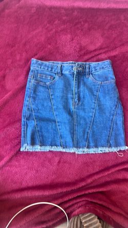 Blue Denim Mini Skirt with Frayed Hem