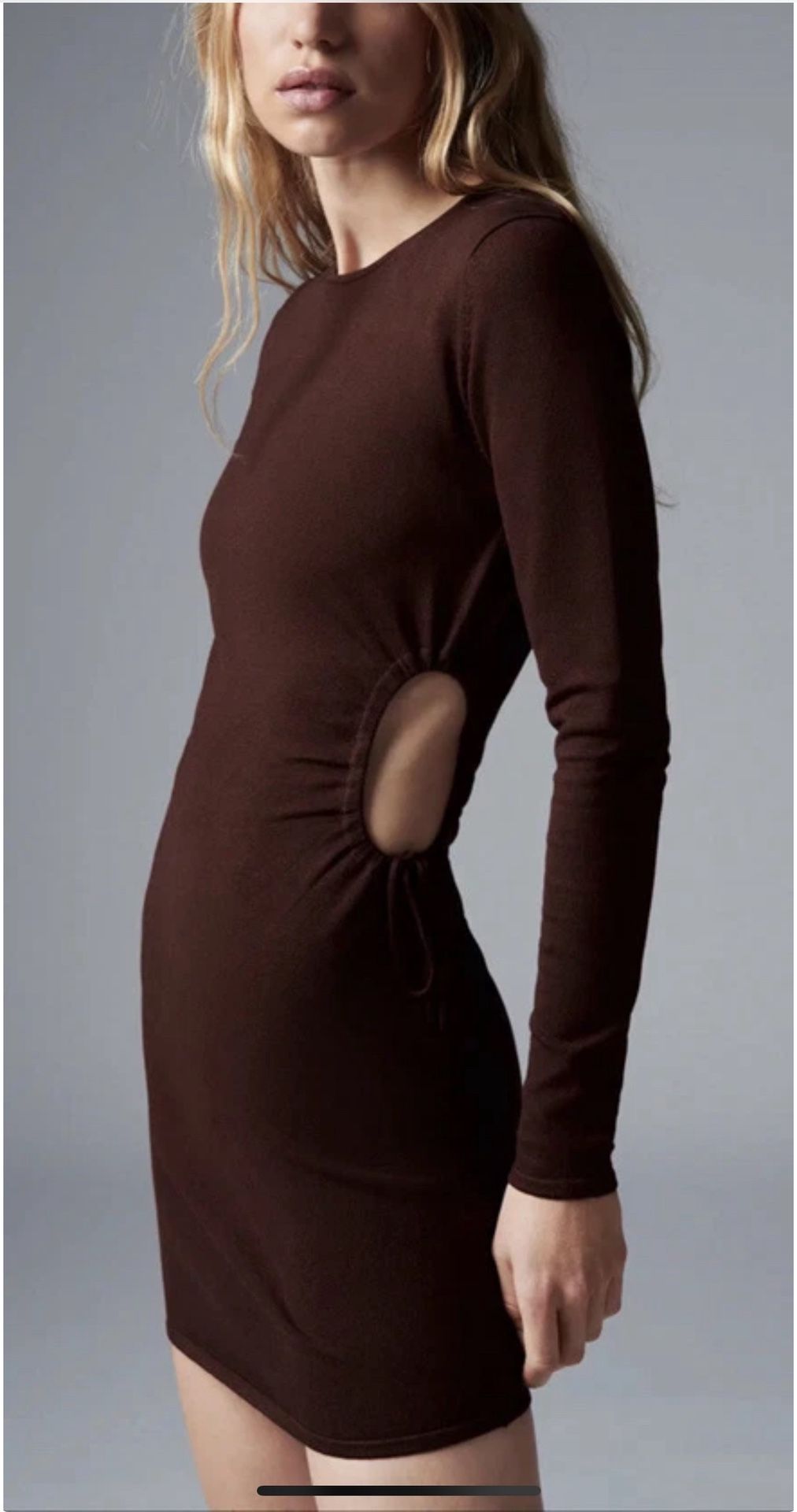 NWT‼️ ZARA thick brown long sleeved bodycon mini dress with cut out tie Size Medium