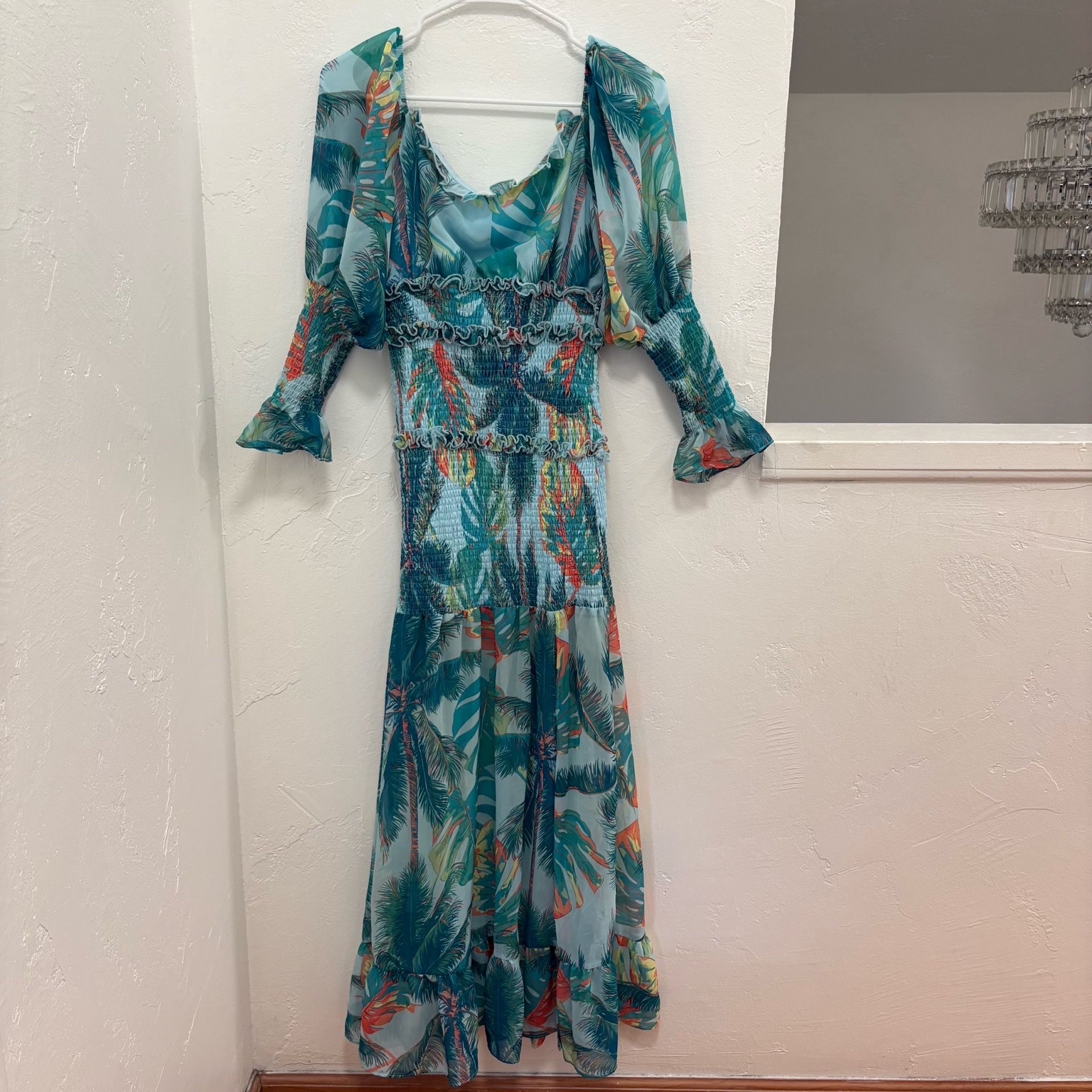 Tropical Print Shirred Ruffle Tiered Dress – Size M