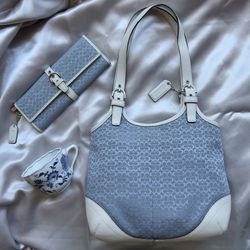 Coach Vintage Blue Gray With white Trim And wallet Set 