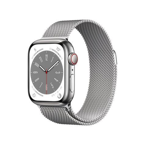 GENTLY USED Apple Watch Series 8 GPS + Cellular 41mm Silver Stainless Steel Case with Silver Milanese Loop