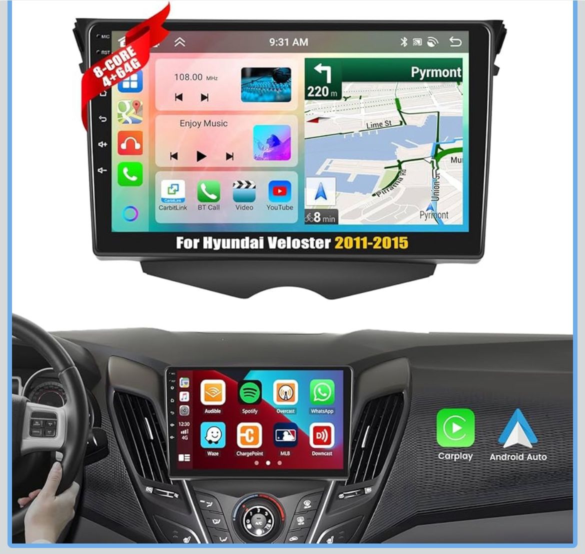 9” Double Din For Hyundai Veloster 2011-2015 with Wireless Apple Carplay Android Auto, Touchscreen Car Radio with WiF/GPS