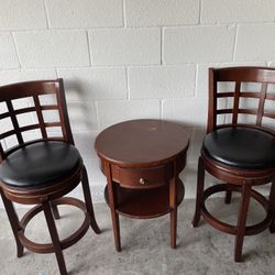 3-Piece Wooden Swivel Bar Stool Set w/ Side Table – Cherry Finish