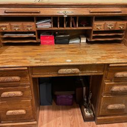 Wooden Roll Top Desk With Chair 