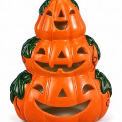 World Bazaars Halloween Stacked Pumpkin Porcelain Tea Light Holder w/ Box