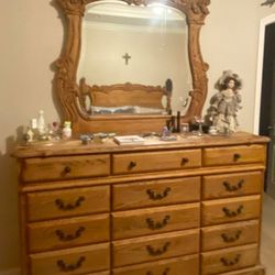 KING BED OAK $575 OAK DRESSER AND MIRROR  $75   