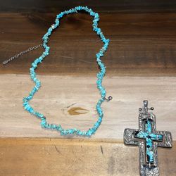 Vintage Torqouise Gunmetal Christian Cross Necklace & Pendant