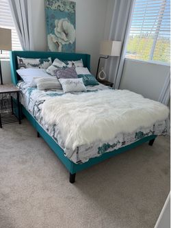Teal Upholstered Queen Bed Frame – Wingback Headboard