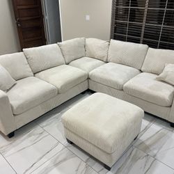 New Corduroy Fabric Sectional.  Off White / Beige.  99”x99”.  Free Delivery!