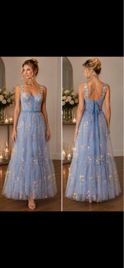 Blue Floral Embroidered Tulle Maxi Dress