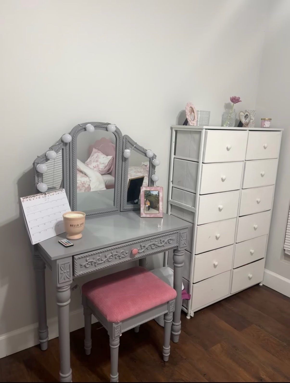 Gray Vanity With Pink Accents (Bench and Included)