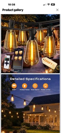 Outdoor String Lights, 100 FT Patio Lights for Outside Smart App & Remote Control with Timer, Dimmable with 4 Scene Modes, Warm White Waterproof LED B
