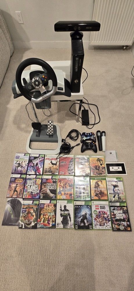 Xbox 360 S plus games, kinect, driving console, controllers and microphone