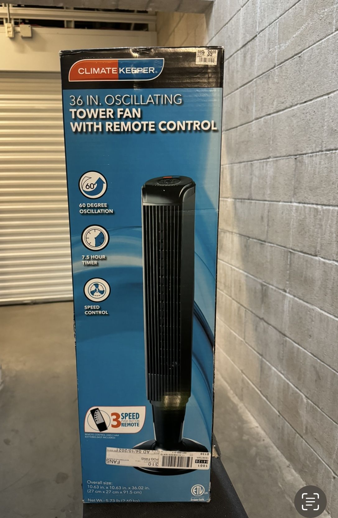 Climate Keeper 36 in Oscillating Tower Fan with remote control